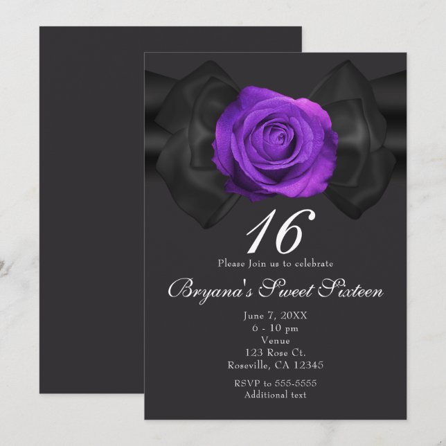 Faire-part Ruban Noir & Rose Violette TOUTES COULE (Devant / Derrière)