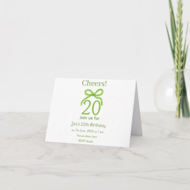 Faire-part ruban vert 20e anniversaire aquarelle nom gras rét (Devant)