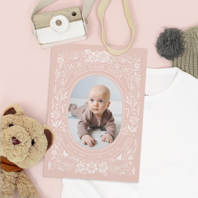 Faire-part Rubans et Roses Bébé Blush rose photo Naissance (Créateur téléchargé)