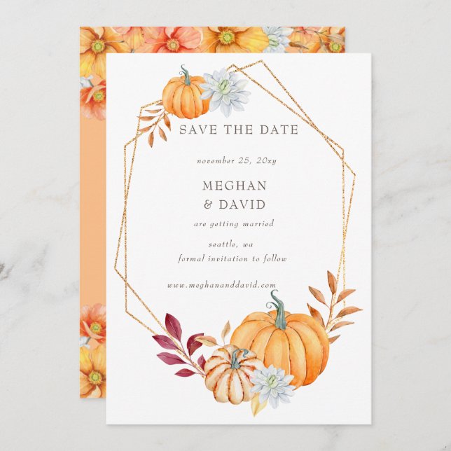 Faire-part Russe Aquarelle Citrouille orange Mariage de autom (Devant / Derrière)