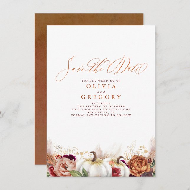 Faire-part Rust Terracotta Floral Citrouilles automne Enregis (Devant / Derrière)
