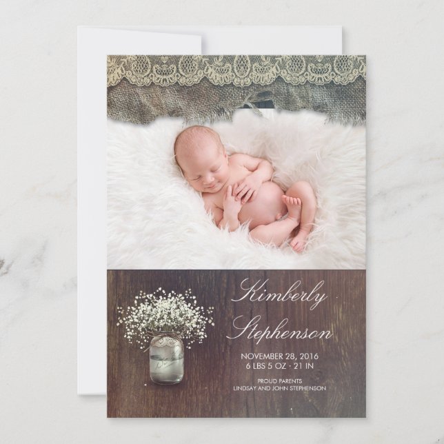 Faire-part Rustic Baby's Breath Mason Jar Baby Birth Photo (Devant)