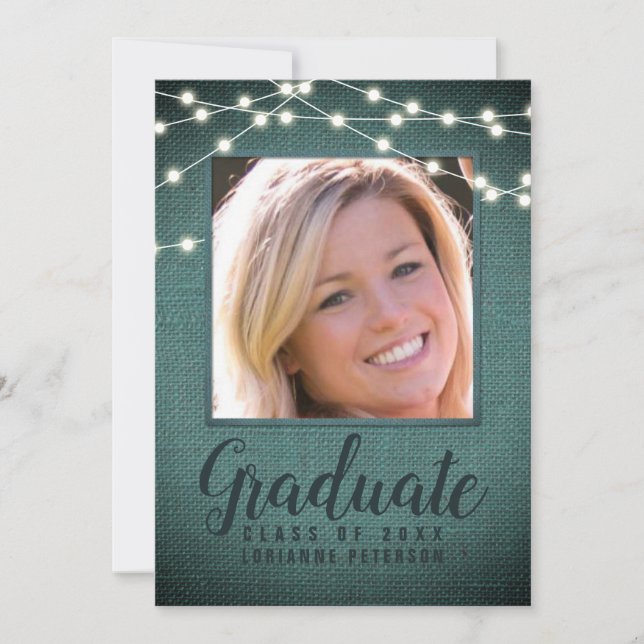 Faire-part Rustic Graduation String Lights Teal Photo (Devant)
