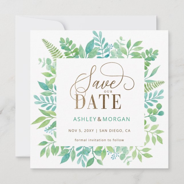 Faire-part Rustic Green Gold Floral Photo Enregistrer la date (Devant)