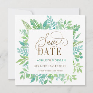Faire-part Rustic Green Gold Floral Photo Enregistrer la date