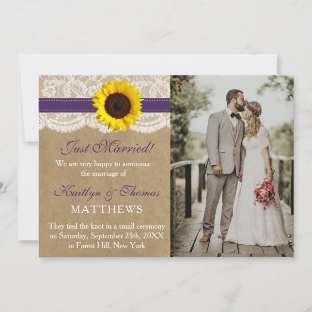 Faire-part Rustic Kraft Tournesol Mariage photo mariage (Devant)