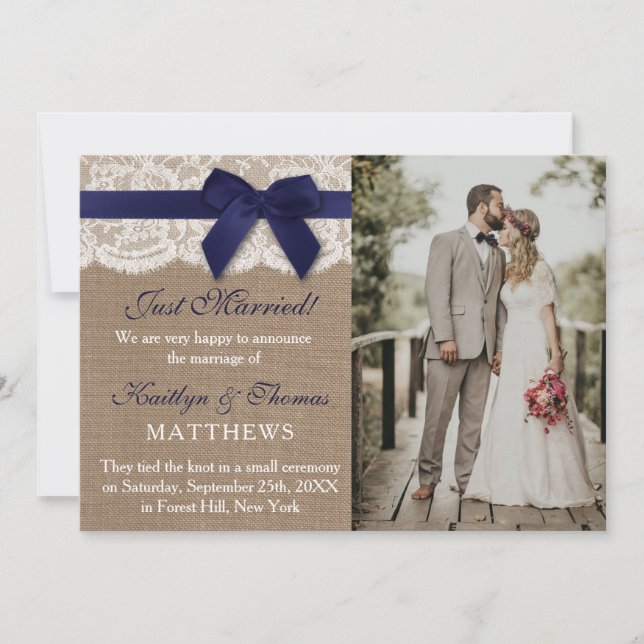 Faire-part Rustic Navy Blue Ribbon Mariage photo mariage (Devant)
