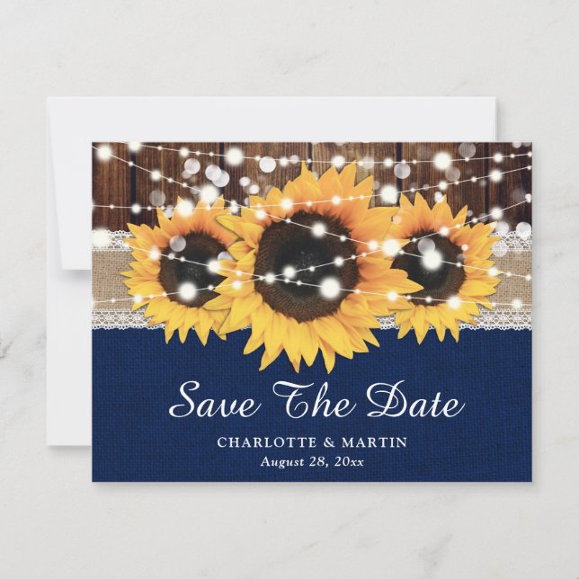 Faire-part Rustic Sunflower Marine Blue Wedding Enregistrer L (Devant)