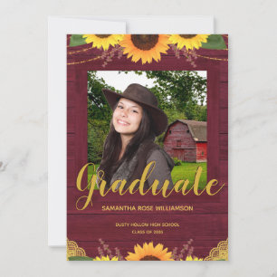 Faire-part Rustic Sunflower Maroon Gold 2 Photo Graduation
