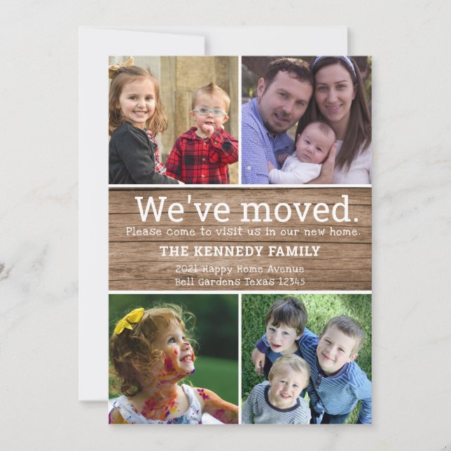 Faire-part Rustic Wood 4 Photo Collage Nous avons déménagé No (Devant)