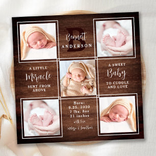Faire-part Rustic Wood 5 Photo Collage New Baby Stats Naissan