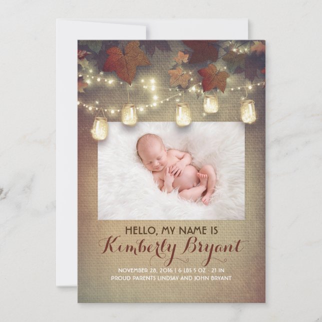 Faire-part Rustique Automne Mason Jar Lights Baby Photo Naiss (Devant)