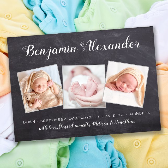 Faire-part Rustique Nouveau Baby Chalkboard 3 Photo Naissance (Créateur téléchargé)