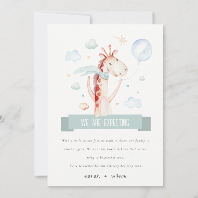 Faire-part Safari Giraffe Star Cloud Balloon Grossesse bébé (Devant)
