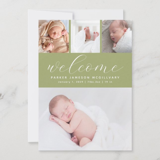Faire-part Sage Green Welcome Photo Collage Bébé Naissance (Devant)