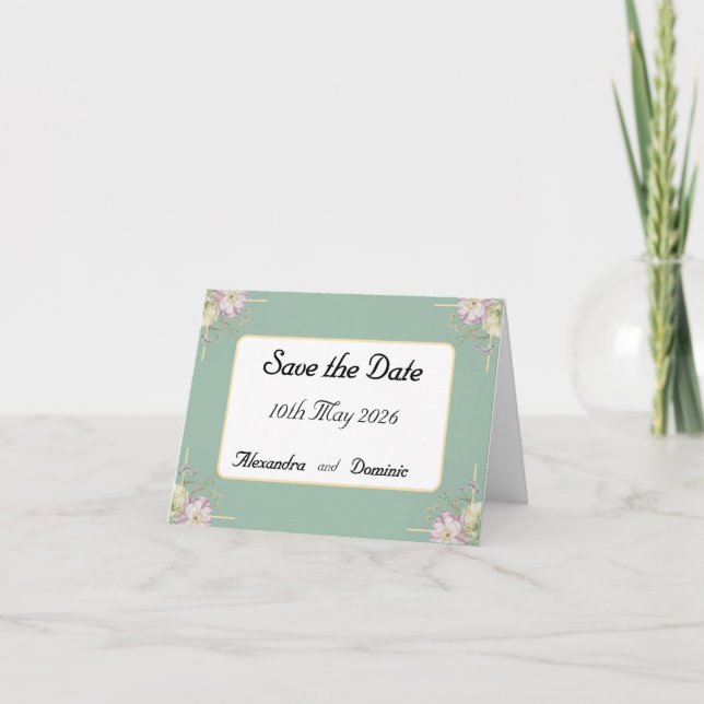 Faire-part Sage vert, or et spray de fleurs (Devant)