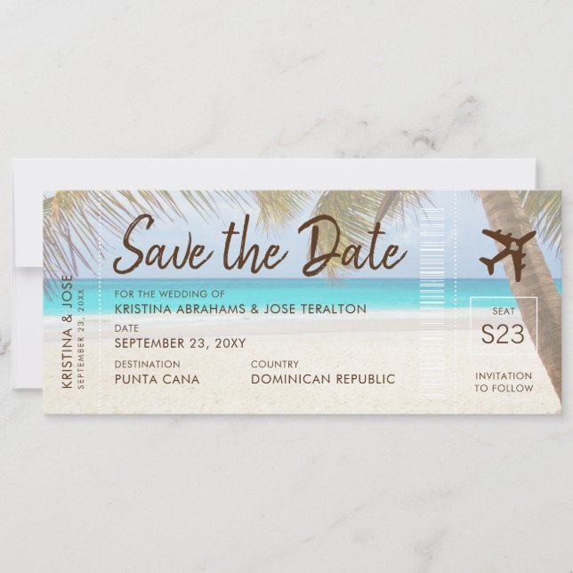 Faire-part Sandy Beach Boarding Pass Ticket Save Date Card (Devant)