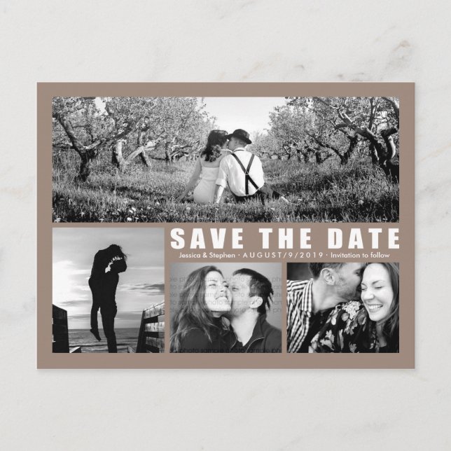 Faire-part Sauver la date 4 Collage photo Carte postale beige (Devant)