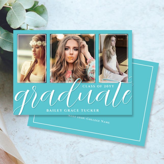 Faire-part Scénario Diplômé 3-Photo Turquoise Remise des dipl (Créateur téléchargé)