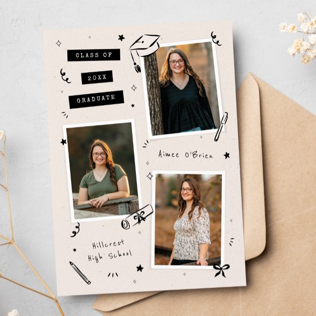 Faire-part Scrapbook Doodles 3-Photo Snapshot Graduation (3-photo graduation announcement with quirky hand-drawn doodles, scrapbook style layout)