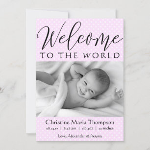 Faire-part Script Bienvenue dans le monde pois rose photo poi