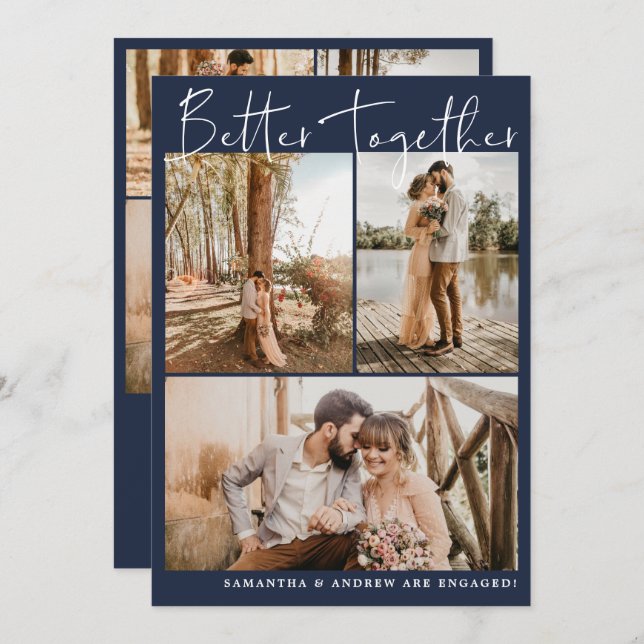 Faire-part Script bleu marine moderne chic 6 photos fiançaill (Devant / Derrière)