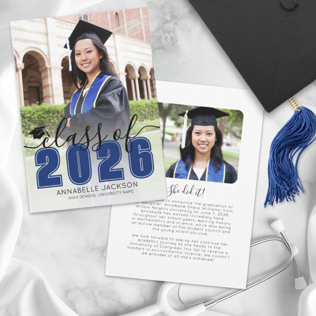 Faire-part Script Bleu Photo de Diplômé Remise des Diplômes (Simple Blue Script Graduate Photo Graduation Announcement)