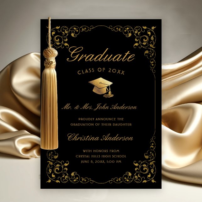 Faire-part Script Casquette Gold Ivy de parents Black Graduat (Gold Ivy Leaf on Black Graduation Announcement from Parents)