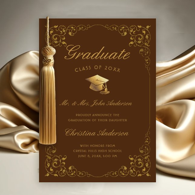 Faire-part Script Casquette Gold Ivy de parents Brown Graduat (Gold Ivy Leaf on Brown Graduation Announcement from Parents)
