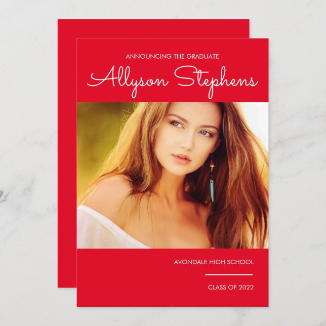 Faire-part Script Classique Simple Une Photo Rouge | Texte bl (Devant / Derrière)