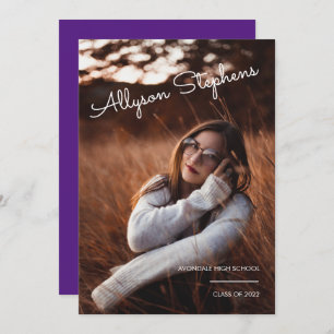 Faire-part Script Classy Texte Blanc Photo Purple Graduation