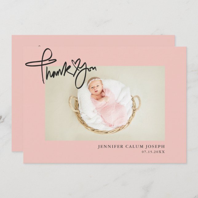 Faire-part Script Coeur moderne Photo Bébé rose Fille (Devant / Derrière)