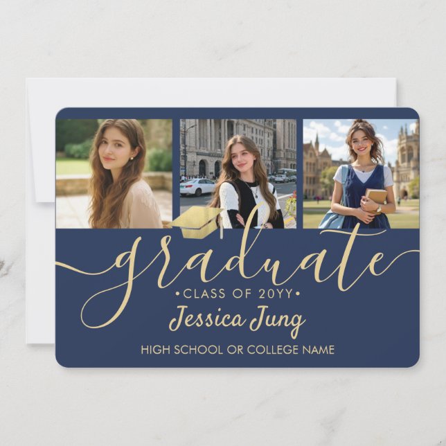 Faire-part Script de Collage de Diplôme avec 4 Photos Bleu Nu (Devant)