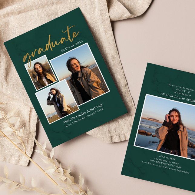 Faire-part Script de collage photo de remise de diplômes 4 Ve (Graduation Announcement Photo Collage Green Marble Card)