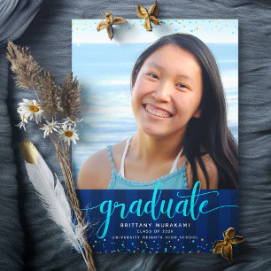 Faire-part Script de parties scintillant turquoise graduation