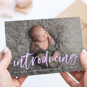 Faire-part Script de pinceau violet moderne Introduire Photo 
