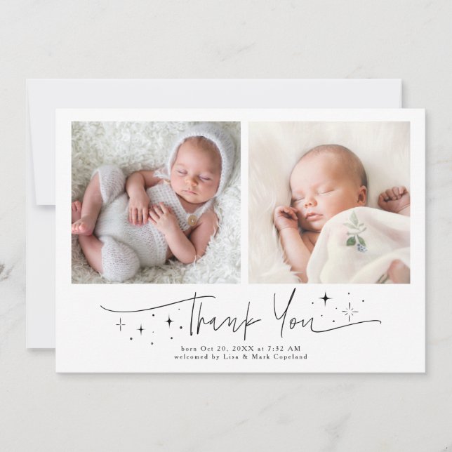 Faire-part Script de remerciement fantaisiste naissance blanc (Devant)