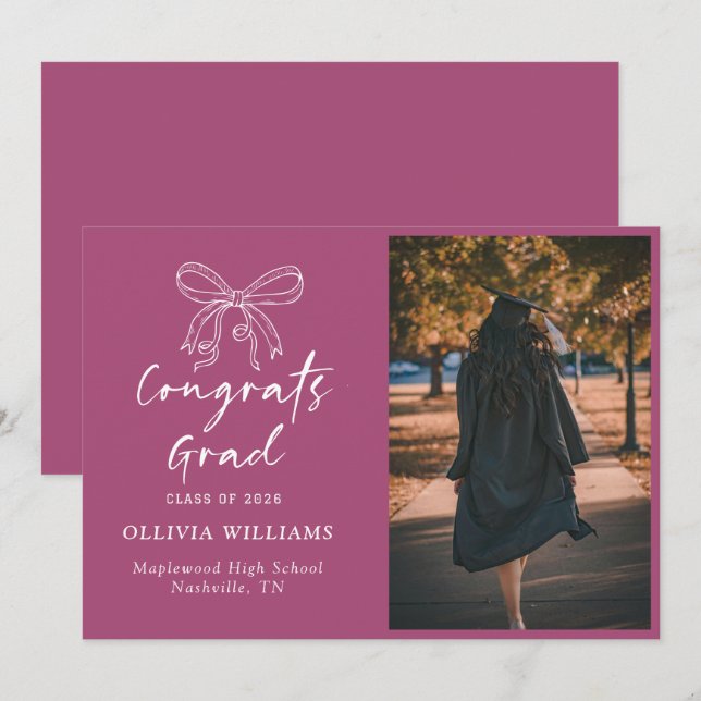 Faire-part Script écrit à la main simple bow Graduation (Devant / Derrière)