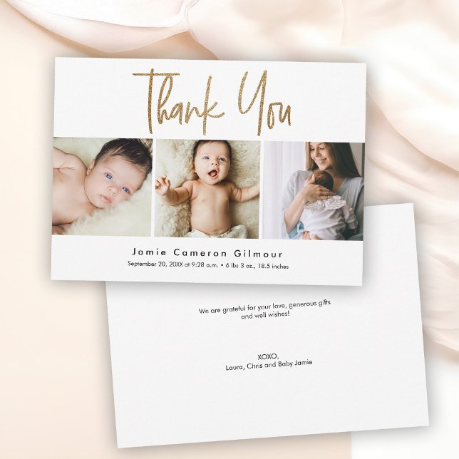 Faire-part Script Gold moderne Custom 3 photo Baby numérique (baby birth announcement digital download and print card)