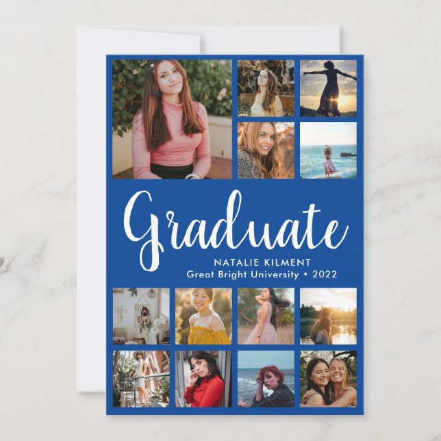 Faire-part Script Graduate 14 Photo Collage Bleu Graduation (Devant)