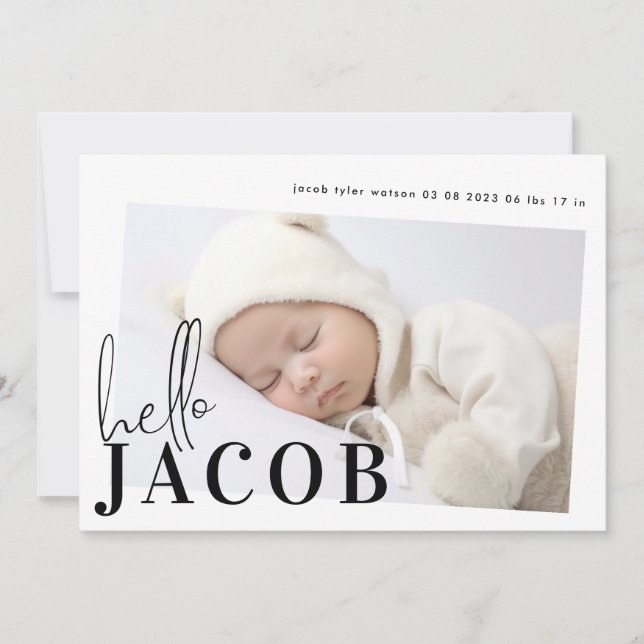 Faire-part Script Hello Nom Black Minimalist Photo Baby (Devant)