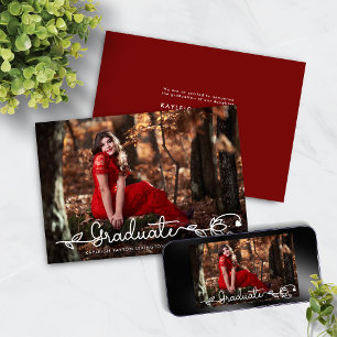 Faire-part Script manuscrit moderne Red Photo Graduation