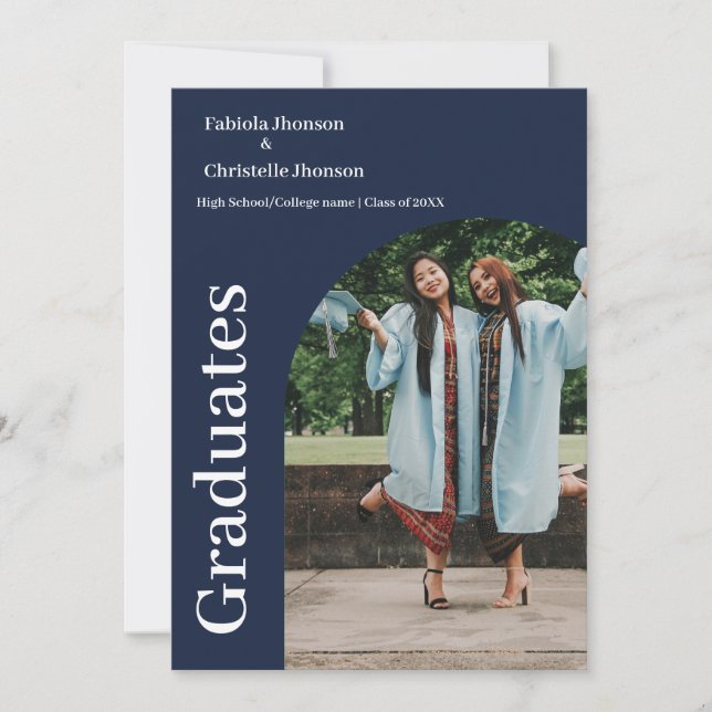 Faire-part Script minimaliste bleu marine double graduation (Devant)