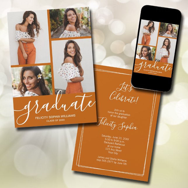 Faire-part Script moderne 4 Photo Burnt Orange Graduation (Modern Script 4 Photo Burnt Orange Graduation Announcements - PRINTED and/or INSTANT DOWNLOAD)