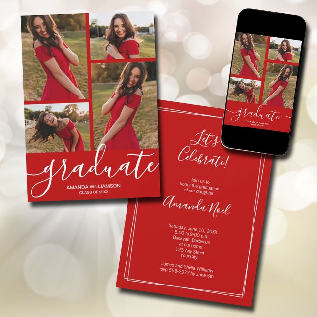 Faire-part Script moderne 4 Photo Scarlet Graduation (Modern script 4 photo scarlet red graduation announcements - PRINTED and/or INSTANT DOWNLOAD)