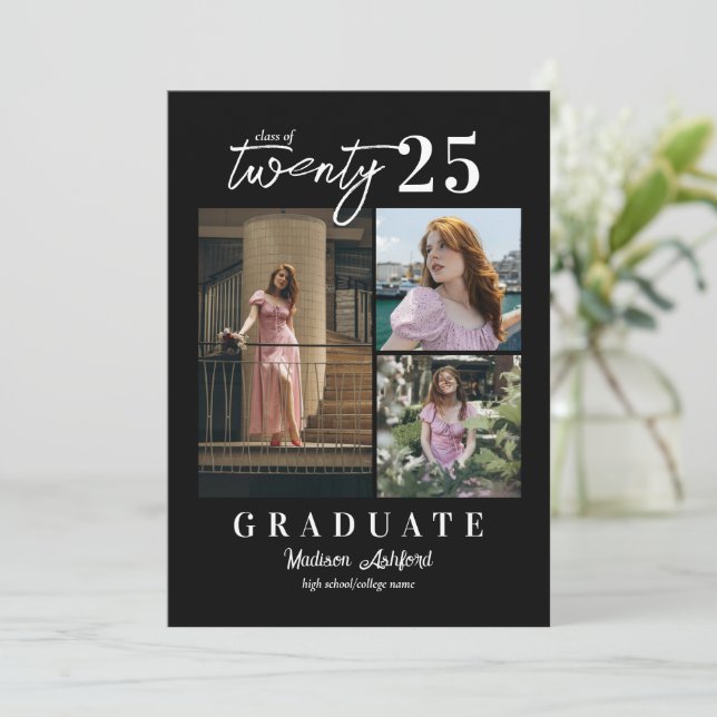 Faire-part Script moderne noir blanc photo collage Graduation (Debout devant)