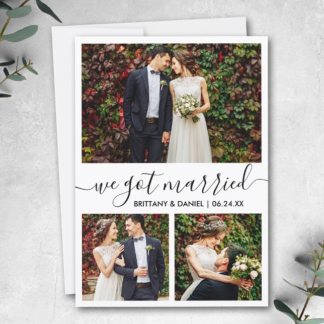 Faire-part Script moderne tendance 3 Photo Nous Nous Sommes M (Customize to add text or more photos to back of card.)