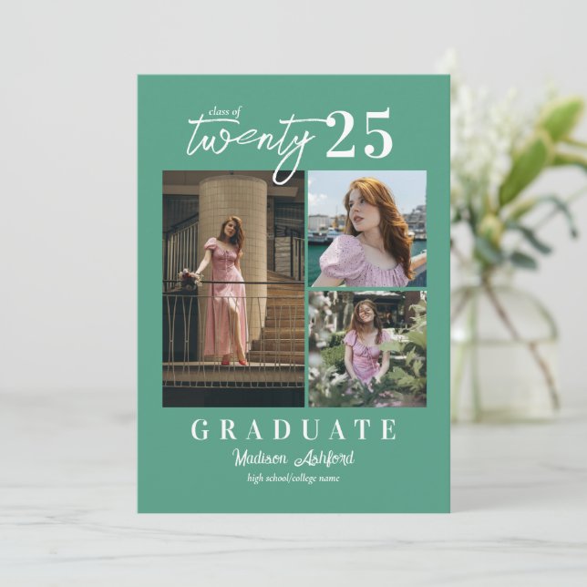 Faire-part Script moderne Turquoise 3 photo Collage Graduatio (Debout devant)