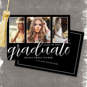 Faire-part Script noir et blanc pour diplômés 3-Photo Graduat