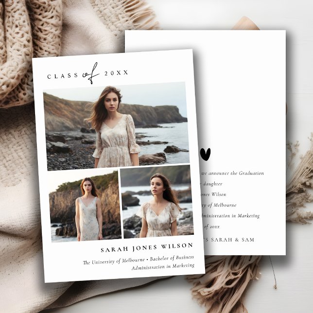 Faire-part Script simple noir et blanc 3 photo Graduation (Créateur téléchargé)